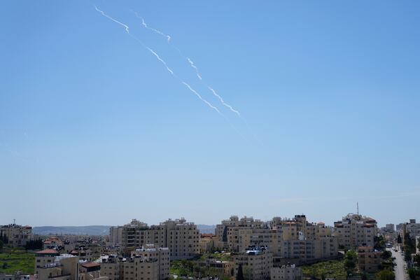 Israeli air defense system fires to intercept missiles that were launched from Yemen, as seen from the West Bank city of Ramallah, Thursday, March 27, 2025. (AP Photo/Nasser Nasser)