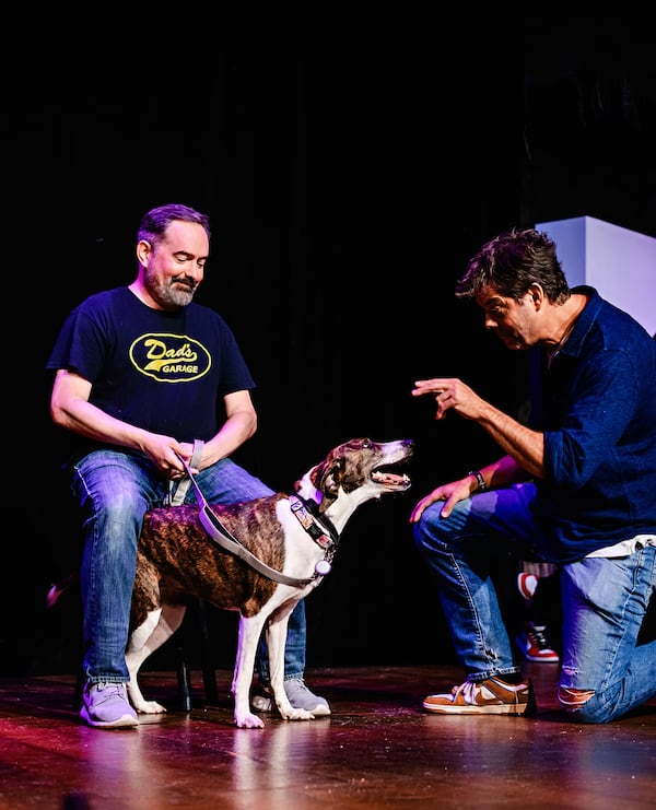 Beatrice Beasley, a Coonhound mix, was happy to go along with the sketch concocted by actors Z Gillespie (left) and Mike Schatz. (Courtesy of Chelsea Patricia / Dad's Garage)
