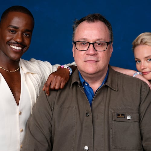FILE -Ncuti Gatwa, from left, Russell T Davies, and Millie Gibson pose for a portrait to promote "Doctor Who" during Comic-Con International on July 26, 2024, in San Diego. (AP Photo/Chris Pizzello, File)