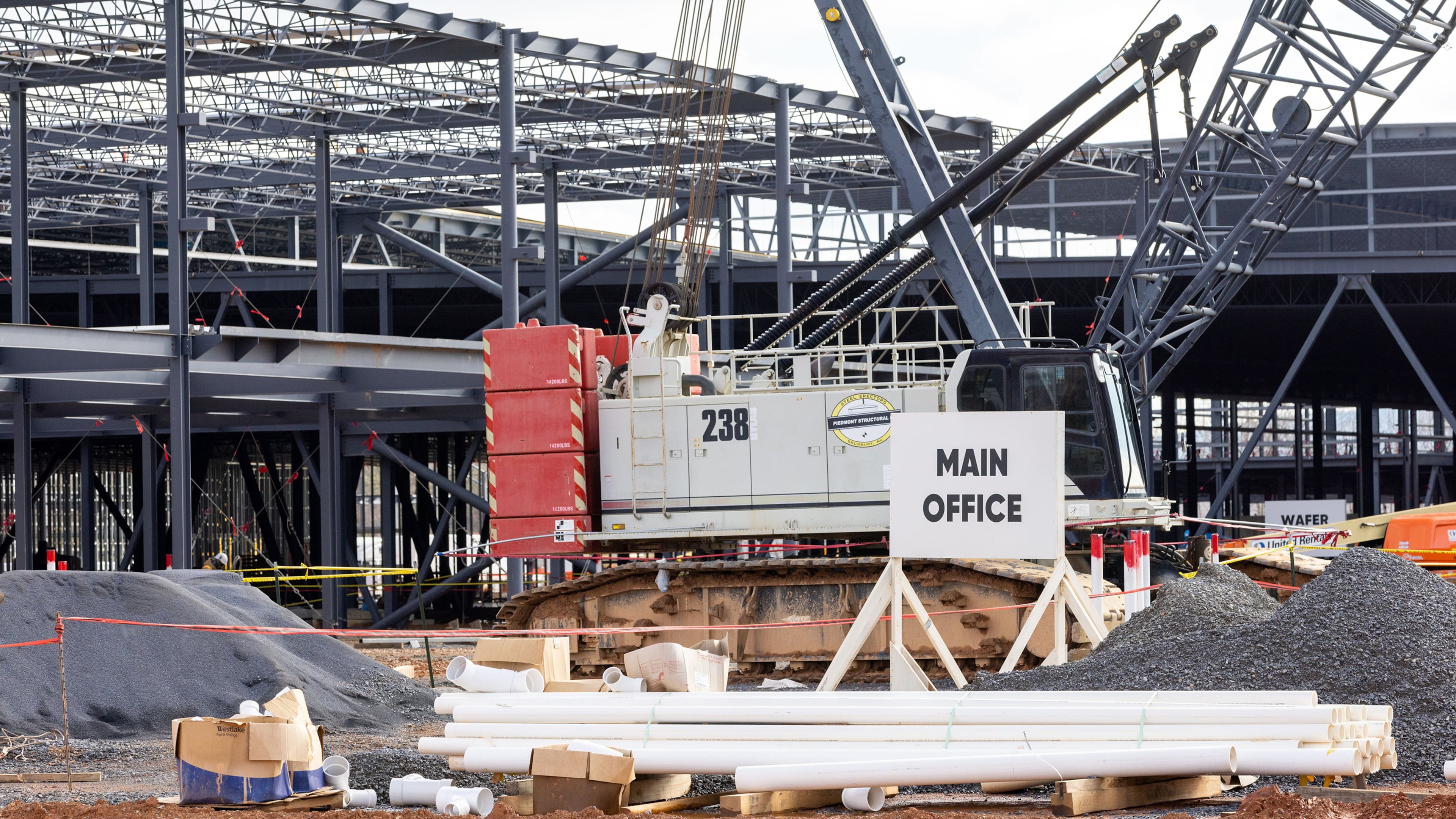 A new solar manufacturing plant owned by Qcells is under construction in Cartersville. (Arvin Temkar/AJC)