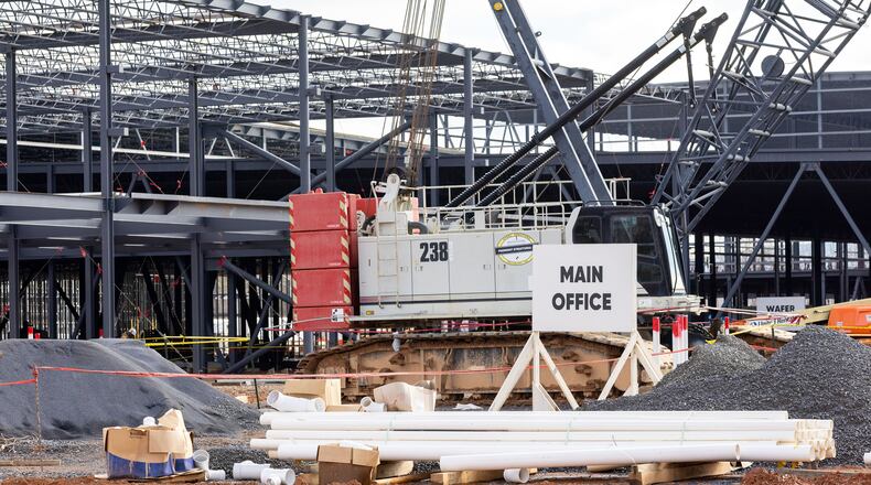 A new solar manufacturing plant owned by Qcells is under construction in Cartersville. (Arvin Temkar/AJC)