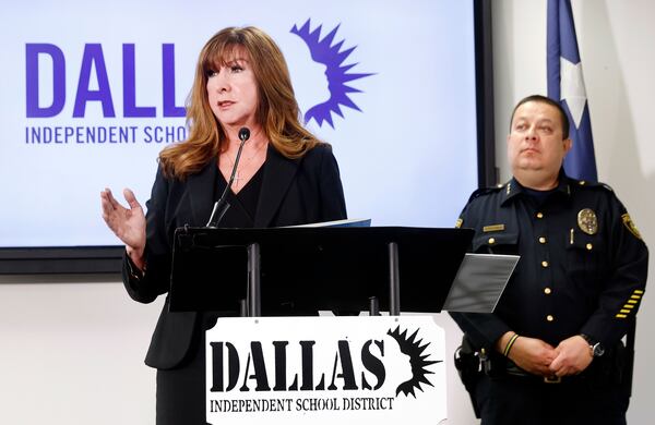 Dallas Independent School District Superintendent Stephanie Elizalde speaks during a news conference about the Wilmer-Hutchins High School shooting, Thursday, April 17, 2025, in Dallas. DISD Chief of Police Albert Martinez is seen at right. (Tom Fox/The Dallas Morning News via AP)