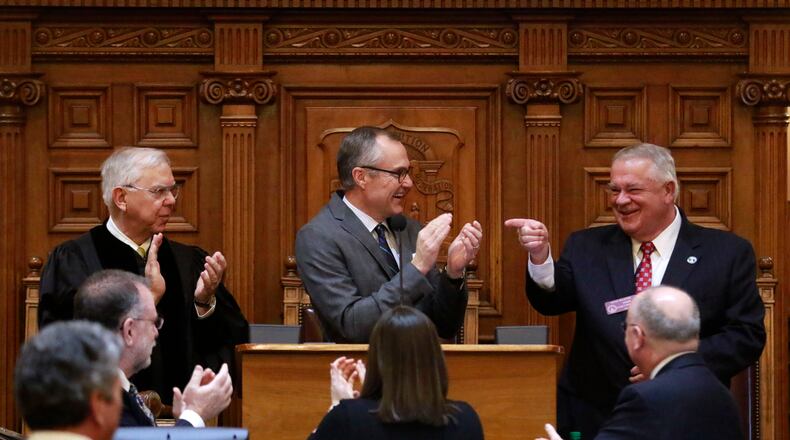 Jan. 27, 2016 - Atlanta - Chief Justice Hugh P. Thompson (from left), Lt. Gov. Casey Cagle and Speaker of the House David Ralston at the joint session for the State of the Judiciary address. BOB ANDRES / BANDRES@AJC.COM