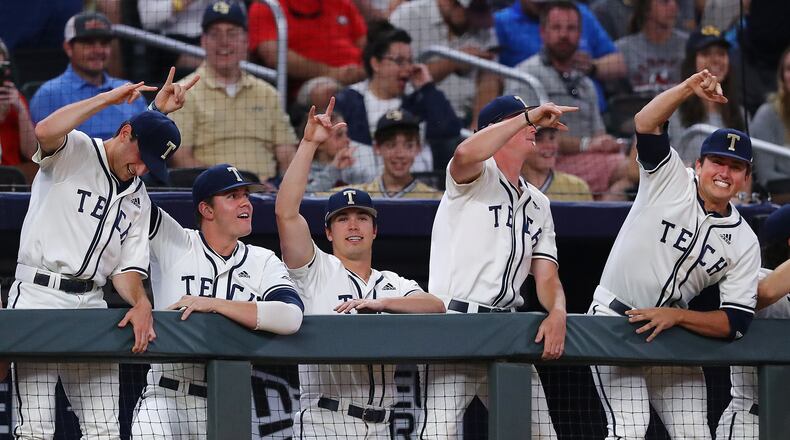 Georgia Tech players celebrate during a Georgia pitching change with the bases loaded during the fifth inning in the Spring Classic NCAA college baseball game at SunTrust Park on Tuesday, April 23, 2019, in Atlanta. Curtis Compton/ccompton@ajc.com