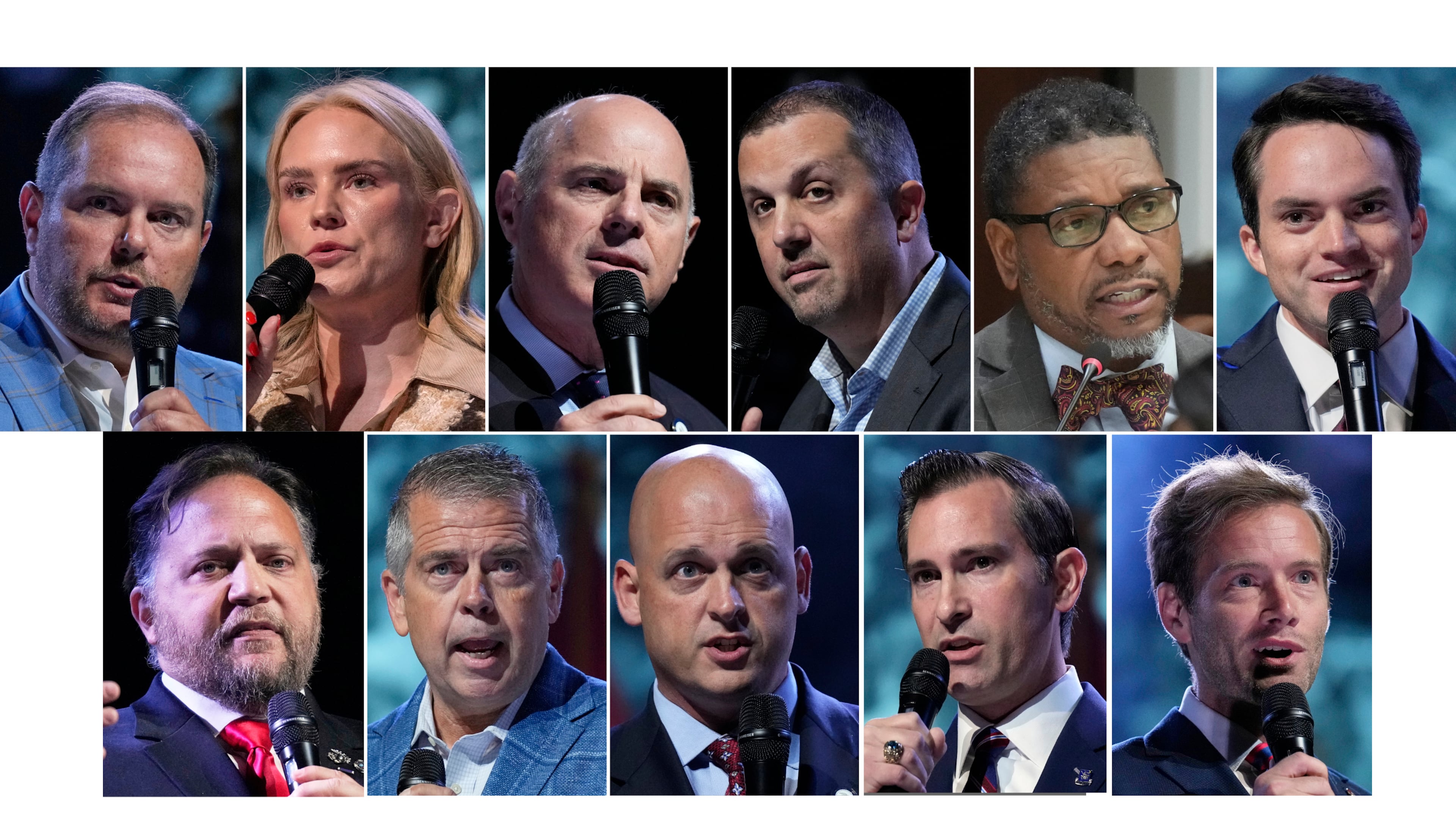 This combination photo of candidates to replace Republican Rep. Mark Green in a Tennessee special election for the U.S. Seventh Congressional District shows Republican Jody Barrett, from top left, Democrat Aftyn Behn, Republican Gino Bulso, Democrat Darden Copeland, Democrat Vincent Dixie, Republican Mason Foley, and bottom row from left, Republican Joe Leurs, Democrat Bo Mitchell and Republicans Lee Reeves, Matt Van Epps and Tres Wittum. (AP Photo)