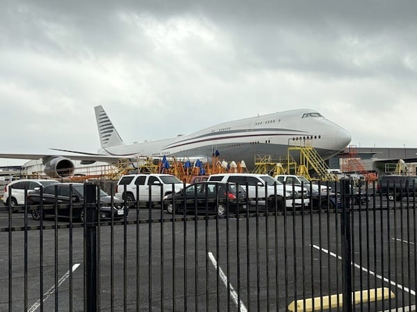 FILE - A Boeing 747 with the color scheme of planes used by the Qatari royal family is seen Friday, May 2, 2025 at San Antonio International Airport in San Antonio, Texas. President Donald Trump said this week that he wants to accept the $400 million plane, and that it would later be donated to a presidential library. (Brandon Lingle/The San Antonio Express-News via AP, File)