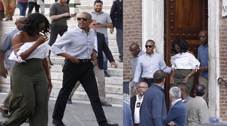 US former President Barack Obama and his wife Michelle leave the Museum of Opera, one of the oldest private museums in Italy, during their visit to Siena, Tuscany region, Italy, Monday, May 22, 2017. The Obamas arrived in Tuscany last Friday for a six-day holiday. (Fabio Di Pietro/ANSA via AP)