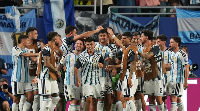 Argentina celebrates after Cape Verde's Diney Borges (3) scored an own goal during the World Cup round of 32 soccer match in Miami Gardens, Fla., Friday, July 3, 2026. (AP Photo/Lynne Sladky)