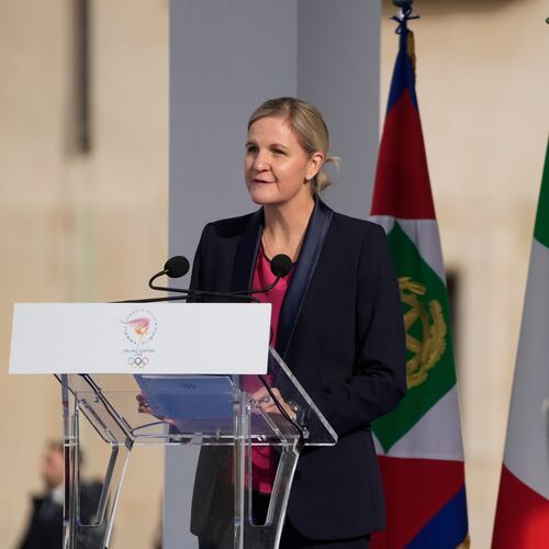 FILE - International Olympic Committee President Kirsty Coventry delivers her speech during the Milan Cortina 2026 Winter Olympics cauldron lighting, in front of the Quirinale Presidential Palace, in Rome, Friday Dec. 5, 2025. (AP Photo/Gregorio Borgia, File)