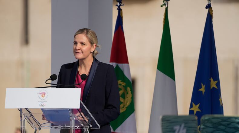 FILE - International Olympic Committee President Kirsty Coventry delivers her speech during the Milan Cortina 2026 Winter Olympics cauldron lighting, in front of the Quirinale Presidential Palace, in Rome, Friday Dec. 5, 2025. (AP Photo/Gregorio Borgia, File)