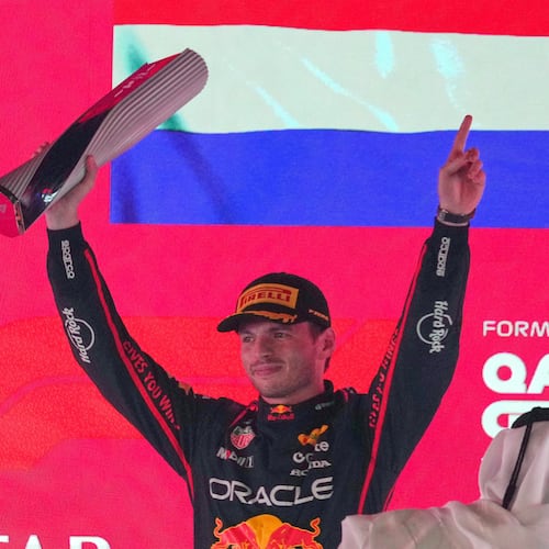 Red Bull driver Max Verstappen of the Netherlands celebrates after winning the Qatar Formula One Grand Prix, in Lusail, Qatar, Sunday, Nov. 30, 2025.(AP Photo/Altaf Qadri)