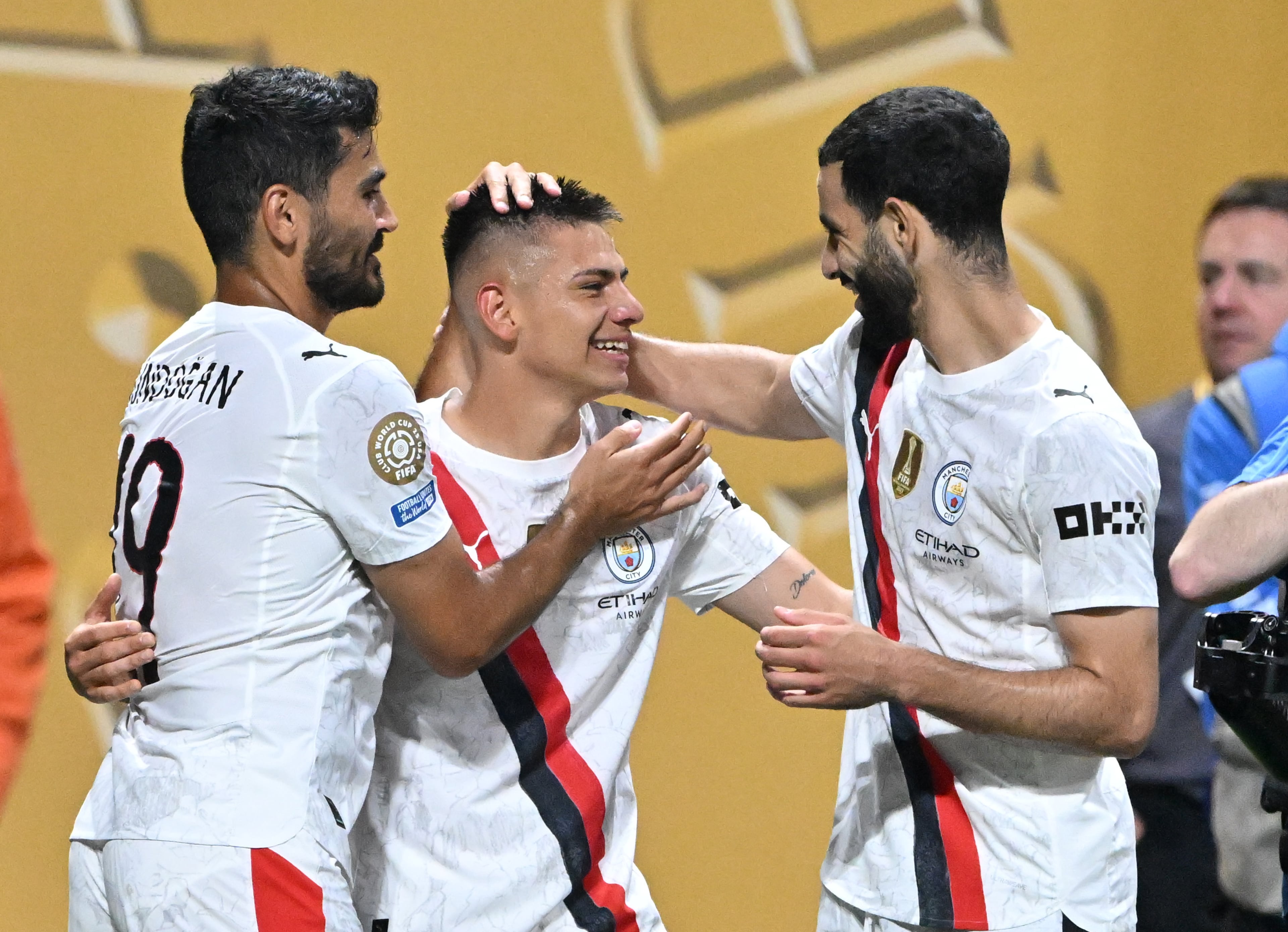 Manchester City's midfielder Claudio Echeverri (30) celebrates with teammates after scoring during the first half in Club World Cup group G soccer match at Mercedes-Benz Stadium, Sunday, June 22, 2025, in Atlanta. (Hyosub Shin / AJC)