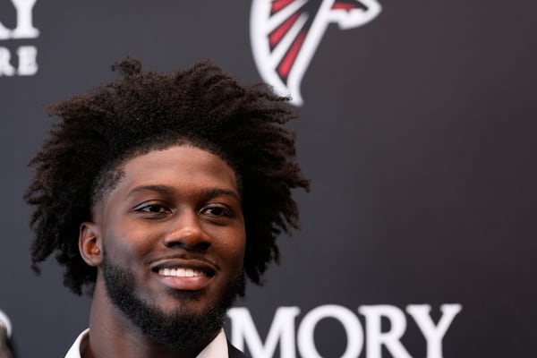Atlanta Falcons first-round draft pick Jalon Walker speaks during a news conference, Friday, April 25, 2025, in Flowery Branch, Ga. (AP Photo/Brynn Anderson,)