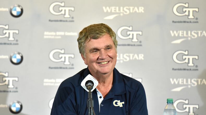 August 2, 2018 Atlanta - Georgia Tech head coach Paul Johnson smiles as he speaks to members of the press during a Georgia Tech Football Media Day at the Bobby Dodd Stadium on Thursday, August 2, 2018. HYOSUB SHIN / HSHIN@AJC.COM