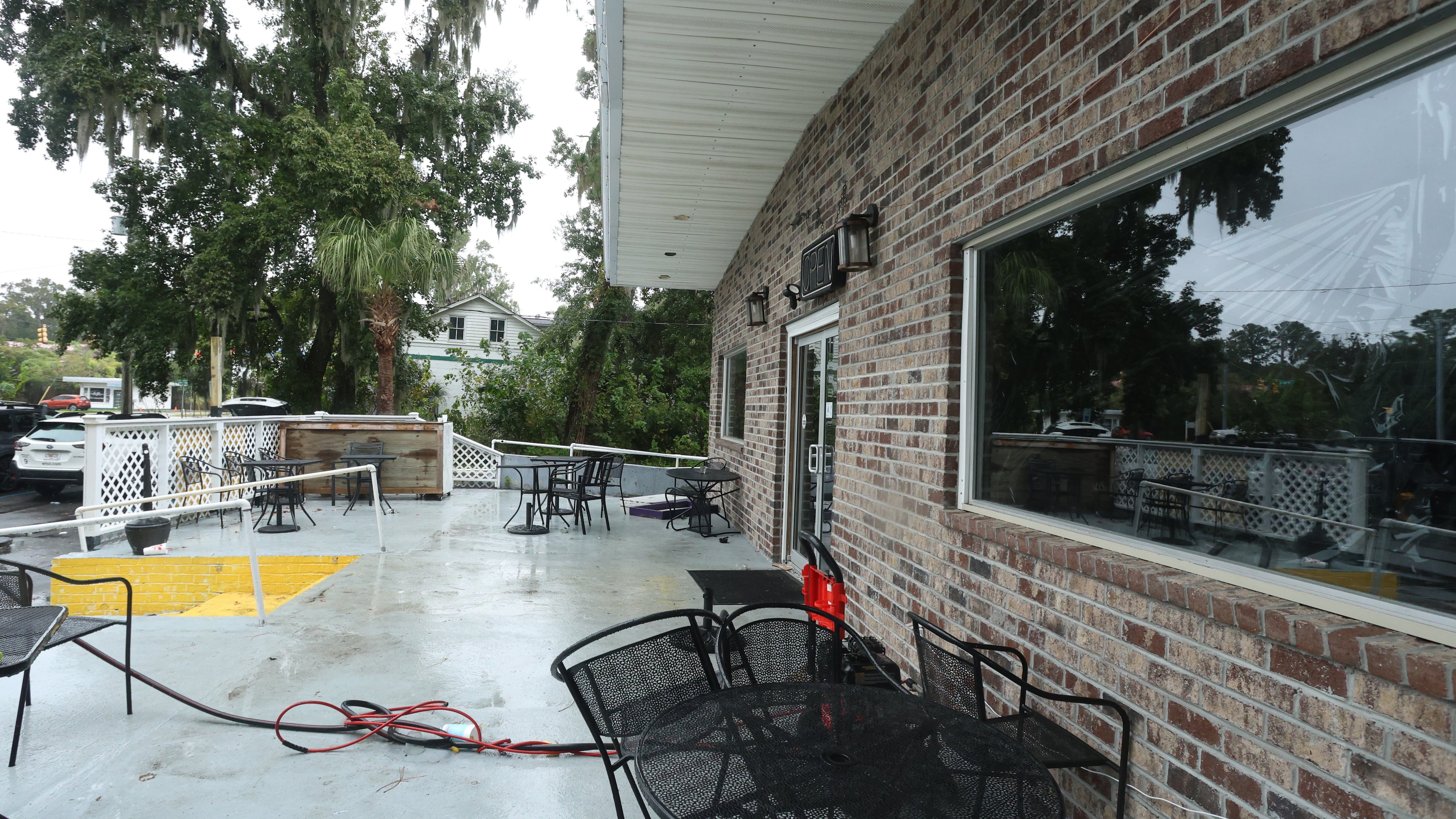 The outside patio area of Willie's Bar and Grill in St Helena Island, S.C. after a shooting occurred early Sunday, Oct. 12, 2025. (AP Photo/Lewis M. Levine)