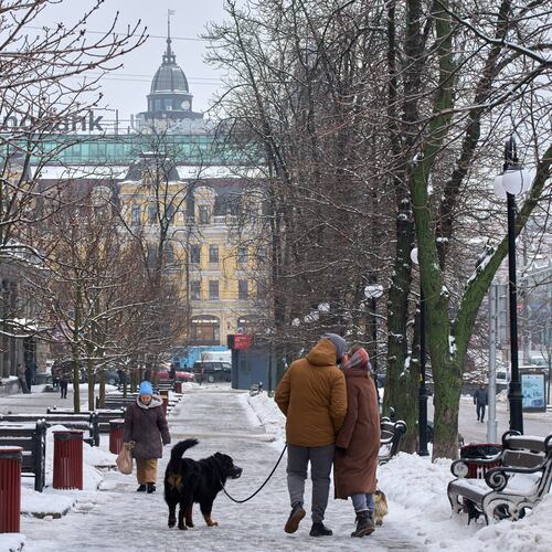 A couple share a tender moment as they walk on a snowy street in Kyiv, Ukraine, Thursday, Jan. 8, 2026, as Ukraine faces harsh weather amid Russia's regular missile attacks on the country's energy system. (AP Photo/Efrem Lukatsky)