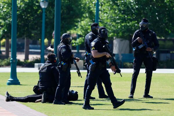 Members of the Atlanta Police Department and local agencies took part in a mass casualty training exercise at Centennial Olympic Park on Monday, May 4, 2026, in preparation for the World Cup. (Miguel Martinez/AJC)