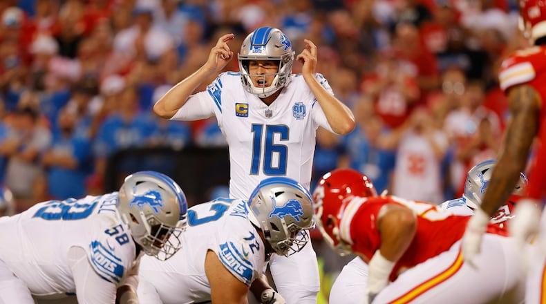 Detroit Lions quarterback Jared Goff (16) calls a play in the first quarter against the Kansas City Chiefs at GEHA Field at Arrowhead Stadium on Thursday, Sept. 7, 2023, in Kansas City, Missouri. (David Eulitt/Getty Images/TNS)
