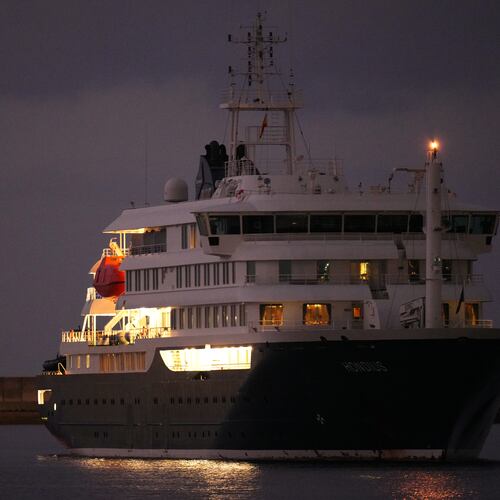 The hantavirus-stricken cruise ship MV Hondius is seen at anchor after arriving at the port of Granadilla in Tenerife, Canary Islands, Spain, Sunday, May 10, 2026. (AP Photo/Manu Fernandez)