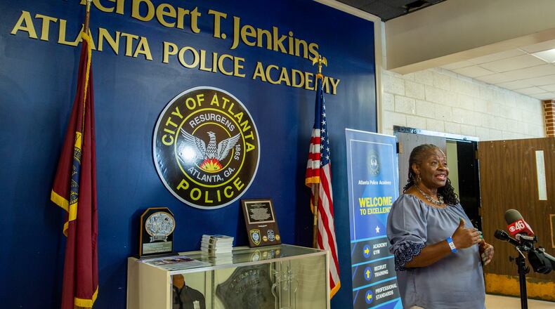 Councilwoman Joyce Sheperd speaks at the Atlanta Police Training Academy, housed in a former elementary school, before touring to see the disrepair at the facility. Sheperd supported increased funding for police in this year's city budget and is pushing for the creation of a new public safety training facility. (Jenni Girtman for The Atlanta Journal-Constitution)