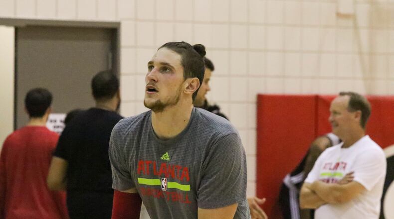 Mike Muscala during the Atlanta Hawks' training camp at Stegeman Coliseum in Athens, Georgia on Tuesday, Sept. 27, 2016. (Photo by Cory A. Cole)