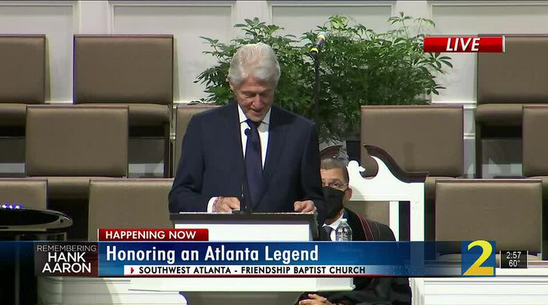 Former President Bill Clinton delivers emotional speech at Hank Aaron memorial