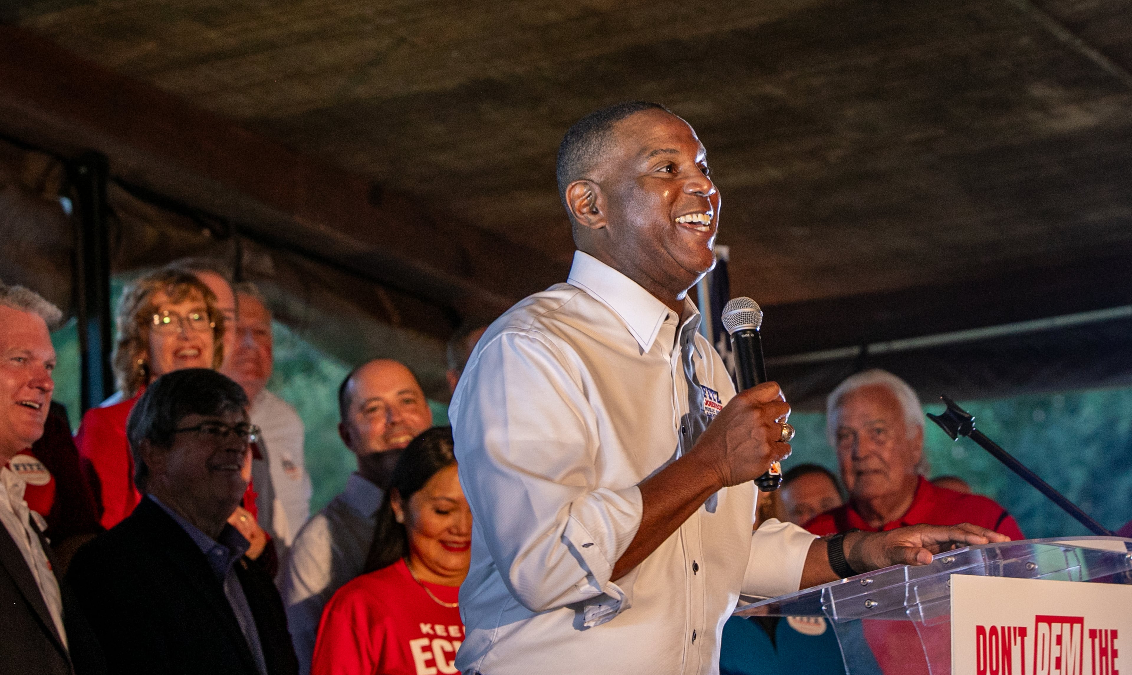 Incumbent PSC District 3 Commissioner Fitz Johnson — pictured campaigning in Cumming on Tuesday, Oct. 7, 2025 — was elected in 2021. (Jenni Girtman for the AJC)