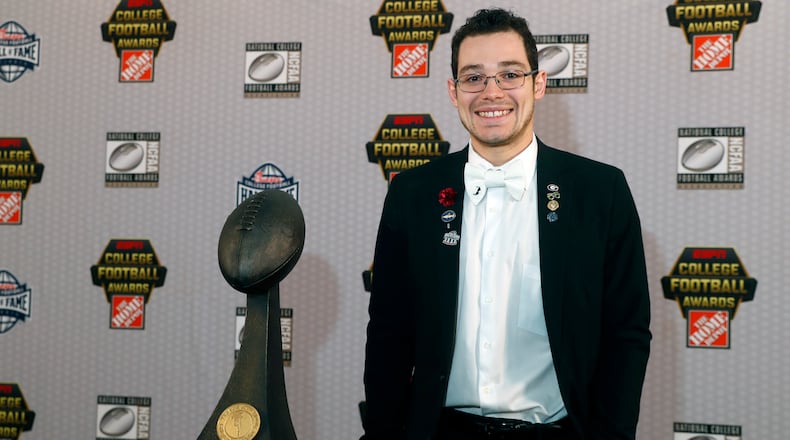 Georgia’s Rodrigo Blankenship poses with the trophy after winning the Lou Groza Award for being the nation's best placekicker Thursday in Atlanta.
