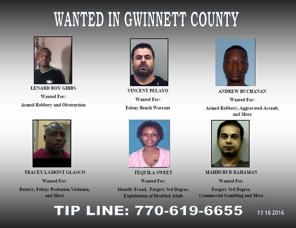 Every two weeks or so, the Gwinnett County Sheriff's Office releases a list of wanted suspects. These six people are included on the list released Nov. 18, 2016.