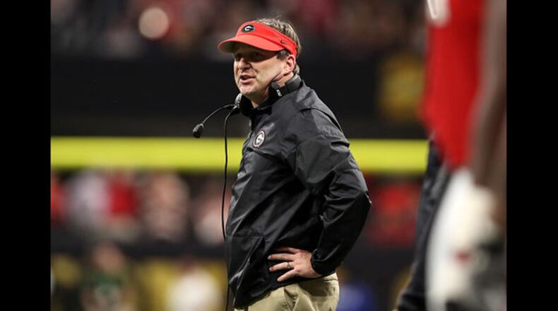 <p>Jake Fromm #11 of the Georgia Bulldogs throws a pass in the 2018 College Football Playoff Semifinal at the Rose Bowl Game presented by Northwestern Mutual at the Rose Bowl on January 1, 2018 in Pasadena, California.</p>  <p>Nick Chubb #27 of the Georgia Bulldogs runs the ball during the second quarter against the Alabama Crimson Tide in the CFP National Championship presented by AT&T at Mercedes-Benz Stadium on January 8, 2018 in Atlanta, Georgia.</p> <p>DeVonta Smith #6 of the Alabama Crimson Tide celebrates catching a 41 yard touchdown pass to beat the Georgia Bulldogs in the CFP National Championship in overtime at Mercedes-Benz Stadium. (Photo by Kevin C. Cox/Getty Images)</p> <p>Jake Fromm is sacked by Raekwon Davis during the second half in the CFP National Championship presented by AT&T at Mercedes-Benz Stadium on January 8, 2018 in Atlanta, Georgia. (Photo by Kevin C. Cox/Getty Images)</p>  <p>Head coach Kirby Smart of the Georgia Bulldogs reacts to a play during the second quarter against the Alabama Crimson Tide in the CFP National Championship game. </p>