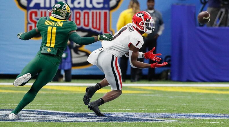 Georgia Bulldogs wide receiver George Pickens (1) makes a catch against the Baylor Bears in the Sugar Bowl at the Superdome in New Orleans on Jan. 1, 2020. Bob Andres bandres@ajc.com