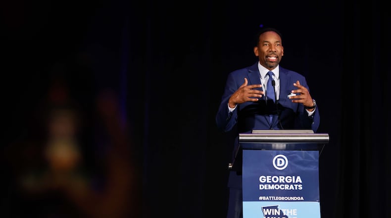 Atlanta Mayor Andre Dickens delivers his remarks during the Democratic election night watch party at the Hyatt Regency Hotel in downtown Atlanta on Tuesday, November 5, 2024, in Atlanta.
(Miguel Martinez / AJC)
