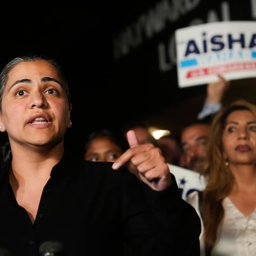 State Sen. Aisha Wahab, a Democratic candidate for Congress in California's 14th district, speaks during a primary election night event on Tuesday, Aug. 18, 2026, in Hayward, Calif. (AP Photo/Jeff Chiu)