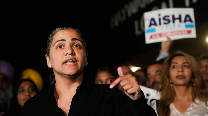 State Sen. Aisha Wahab, a Democratic candidate for Congress in California's 14th district, speaks during a primary election night event on Tuesday, Aug. 18, 2026, in Hayward, Calif. (AP Photo/Jeff Chiu)