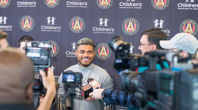 01/13/2019 -- Marietta, Georgia -- Atlanta United forward Josef Martinez (7) speaks with members of the media, including Doug Roberson on the right, following a training with the team at the Children's Healthcare of Atlanta Training Ground, Monday, January 13, 2020. (ALYSSA POINTER/ALYSSA.POINTER@AJC.COM)