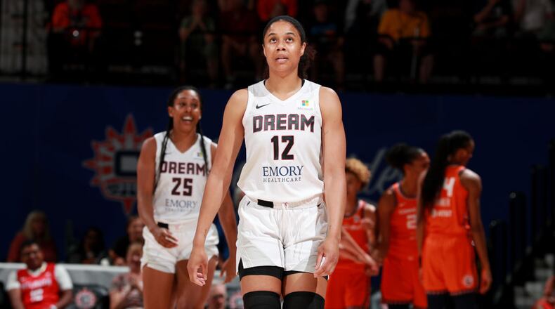 Nia Coffey of the Atlanta Dream looks on during the game against the Connecticut Sun on July 20, 2023 at the Mohegan Sun Arena in Uncasville, Connecticut.