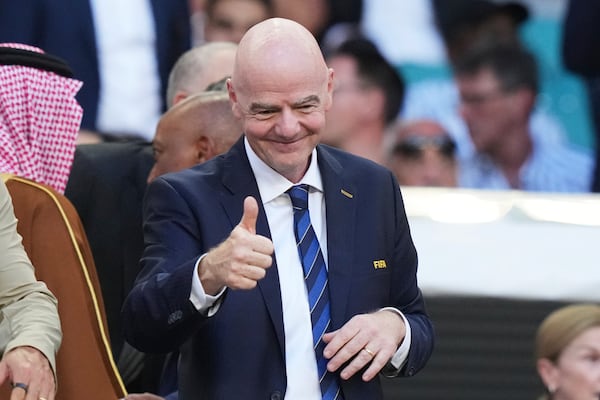 FIFA president Gianni Infantino gestures ahead of the Club World Cup group A soccer match between Al Ahly and Inter Miami in Miami, Fla., Saturday, June 14, 2025. (AP Photo/Lynne Sladky)