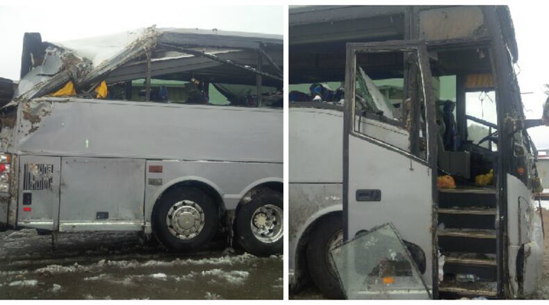A Doraville-bound bus overturned on I-95 in Virginia early Monday morning, March, 18, 2014.