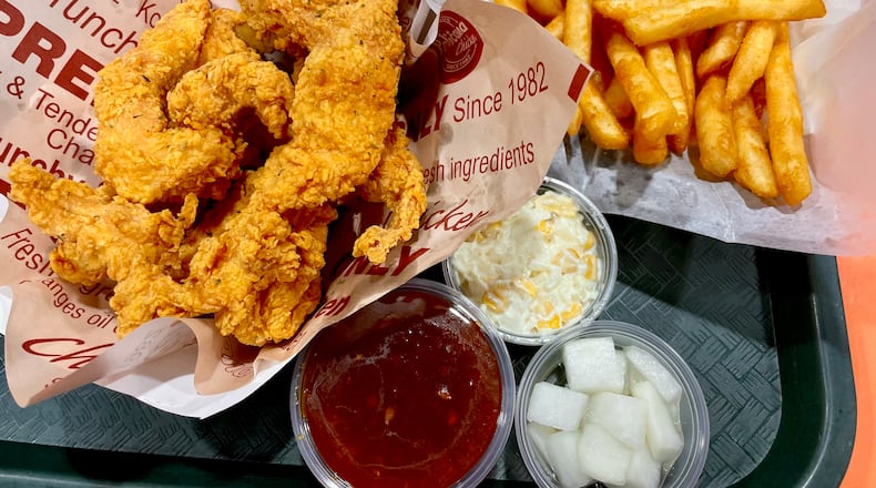 You can get a boneless version of crispy spicy fried chicken at Pelicana Chicken in H Mart. Angela Hansberger for The Atlanta Journal-Constitution