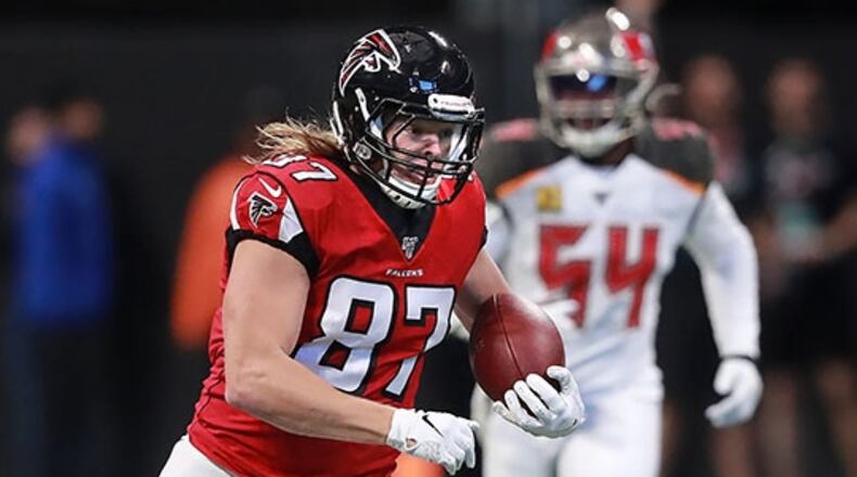 Falcons tight end Jaeden Graham makes a 53-yard reception  during the second play of the game against the Buccaneers Sunday, Nov. 24, 2019, at Mercedes-Benz Stadium in Atlanta.
