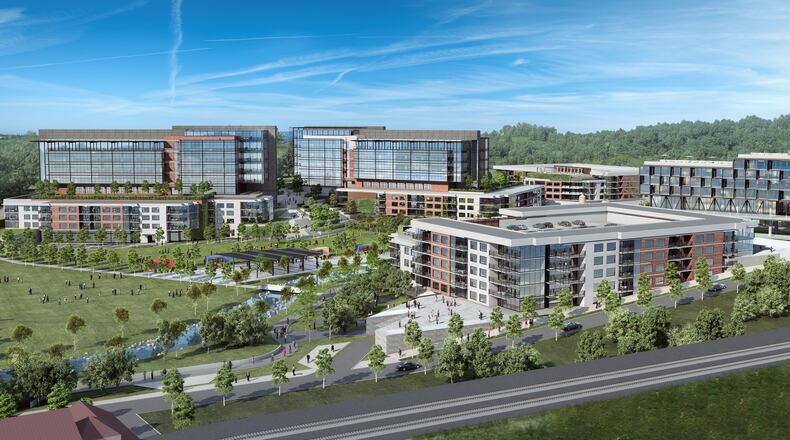 A rendering shows the proposed Quarry Yards development near the future Westside Reservoir Park in Atlanta.