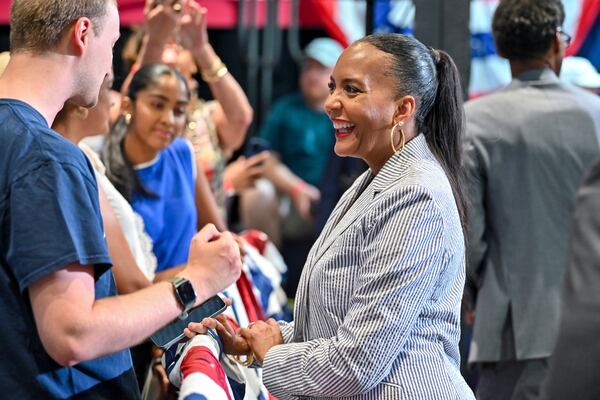 Democratic gubernatorial candidate Keisha Lance Bottoms speaks with supporters at a rally in Savannah, Ga. on June 27. (Sarah Peacock for the AJC)