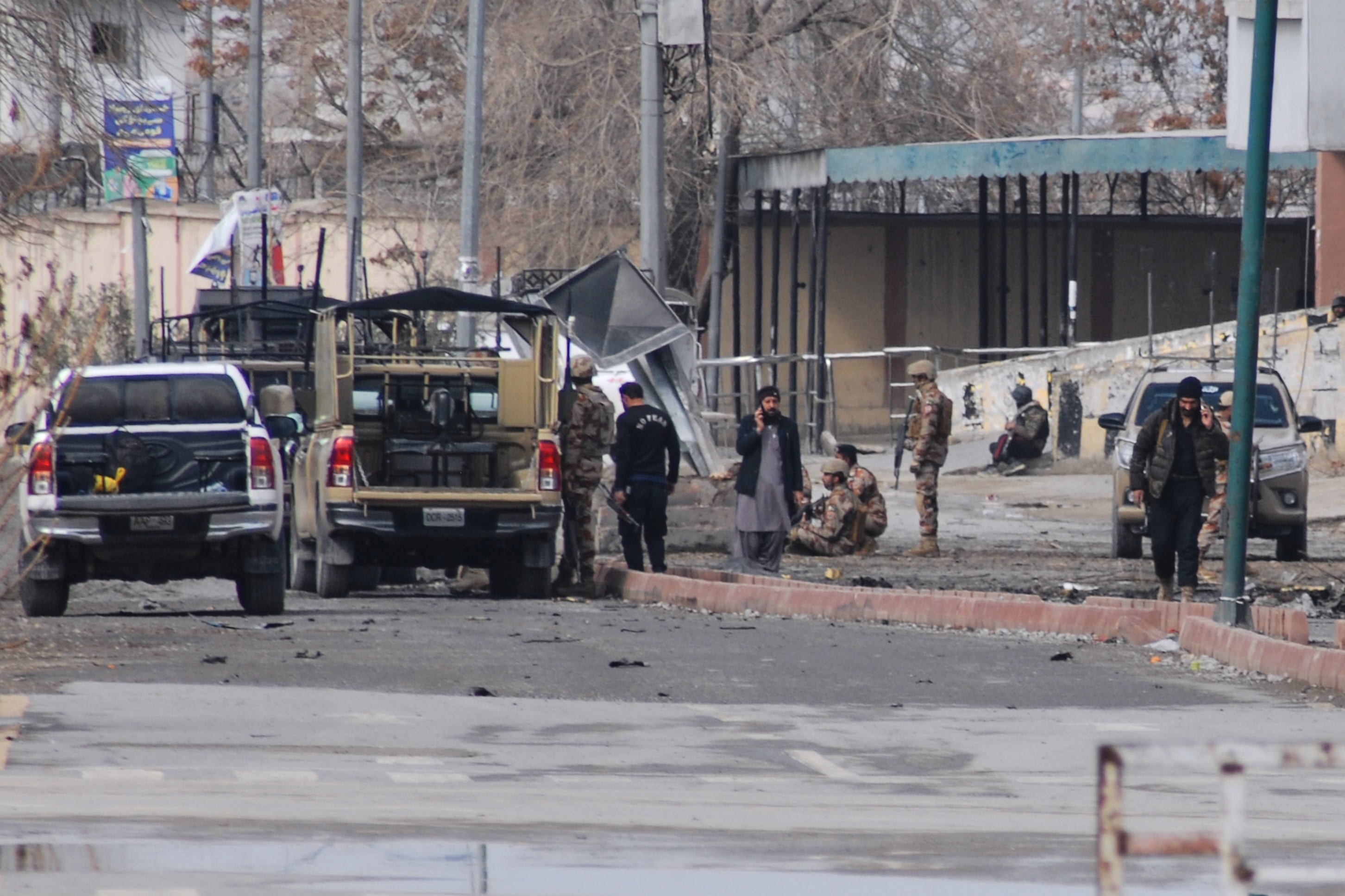 Pakistani army soldiers and other security officials examine a site following militants attack with guns and grenades, in Quetta, Pakistan, Saturday, Jan. 31, 2026. (AP Photo/Arshad Butt)