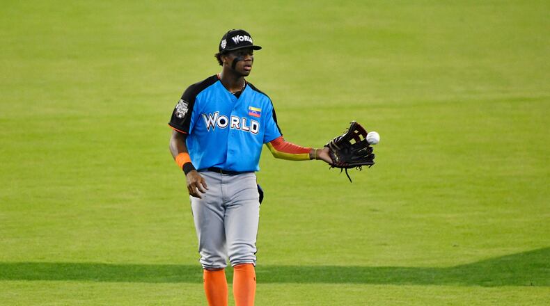 Braves prospect Ronald Acuna warms up before the All-Star Futures Game at Marlins Park on July 9, 2017 in Miami, Florida. (Photo by Mark Brown/Getty Images)