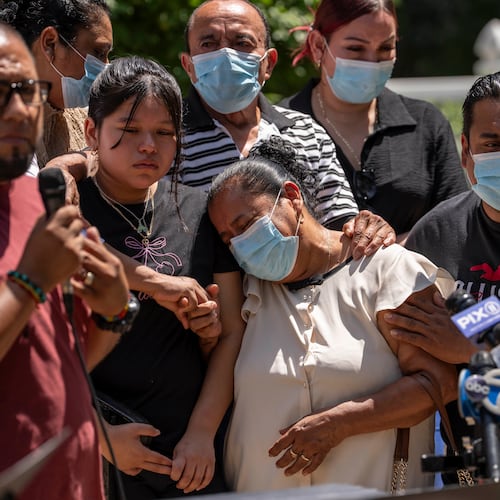 Maria Cornejo, second right, mother of Edwin Lopez-Cornejo, reacts during a news conference, Tuesday, Aug. 4, 2026, in Highland Park, N.J. (AP Photo/Yuki Iwamura)