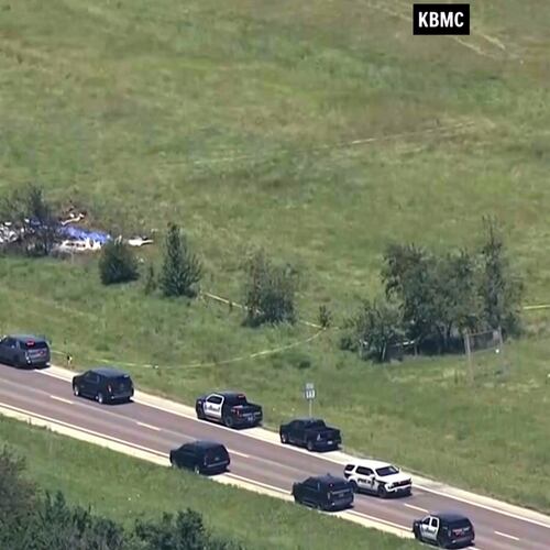 This video frame grab provided by KMBC-TV shows an aerial view of the crash scene near the Butler Memorial Airport in Butler, Mo., Sunday, June 14, 2026. (KMBC-TV via AP)