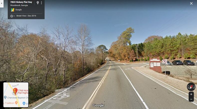 A gymnastics facility by Bereznev Holdings LLC is planned for 4.8 acres at 7768 Hickory Flat Highway, Woodstock — in this photo, the left, west side of the the road. GOOGLE MAPS