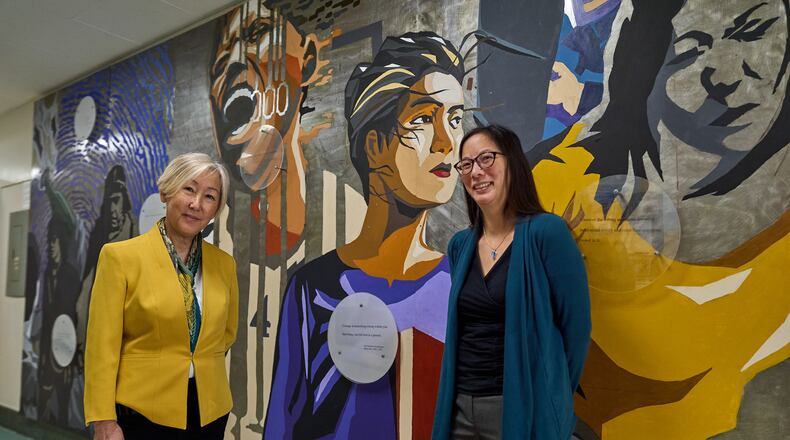 UCLA professors Karen Umemoto, left, and Kelly Fong pose for a picture at UCLA's Asian American Studies Center, in Los Angeles Monday, April 27, 2026. (AP Photo/Damian Dovarganes)