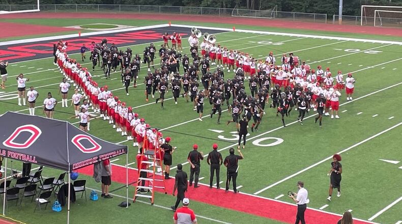 Osborne players take the field before their home game against Lakeside of DeKalb County in Marietta on Sept. 9, 2022. Osborne won 55-0.