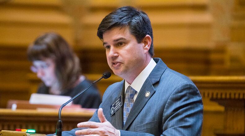 Georgia Sen. Matt Brass speaks on the Senate floor, at the Georgia State Capitol in Atlanta, Tuesday, April 2, 2019. (ALYSSA POINTER/ALYSSA.POINTER@AJC.COM)